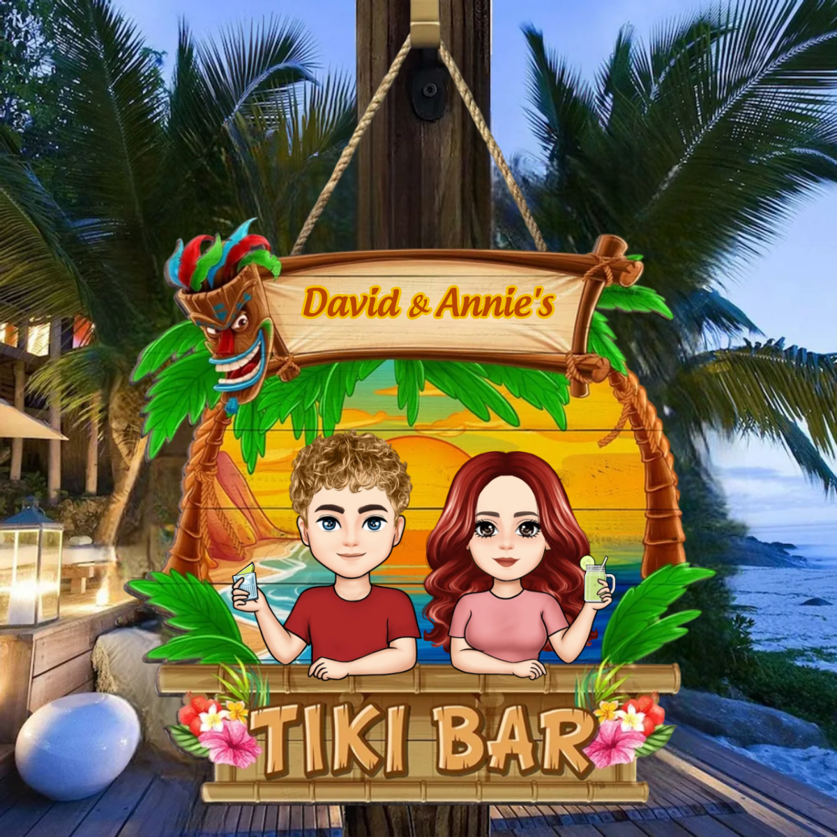 Tiki Bar Summer Drinking Couple - Personalized Wood Sign - Summer Gift For Couple, Beach & Pool Decor