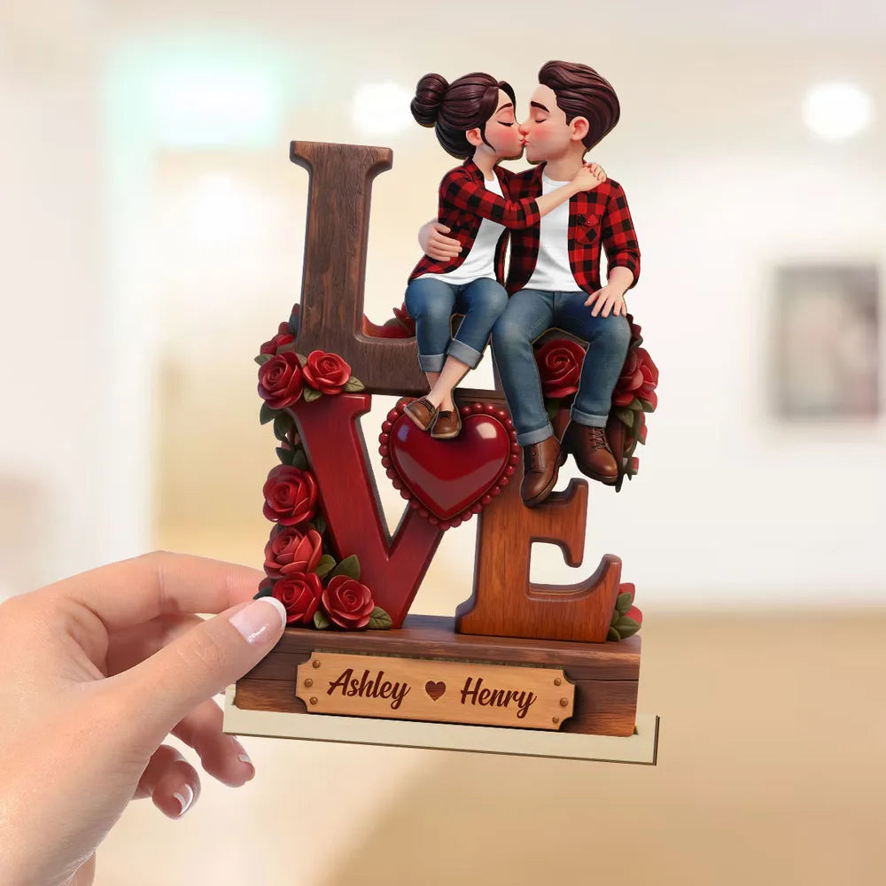 Roses Stacked LOVE Couple Sitting Kissing - Personalized Wooden Plaque With Flat Base - Valentine's Day Gift For Couple