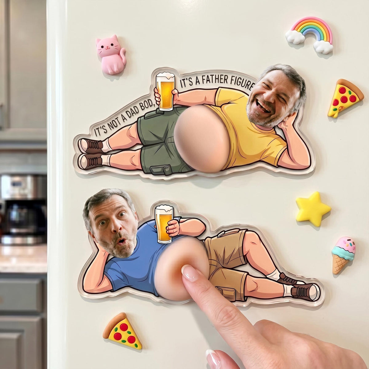 Custom Funny Daddy Face Personalized Squishy Belly Fridge Magnet, Father's Day Gift For Husband, Dad Photo Squeeze Magnet, Kitchen Decor