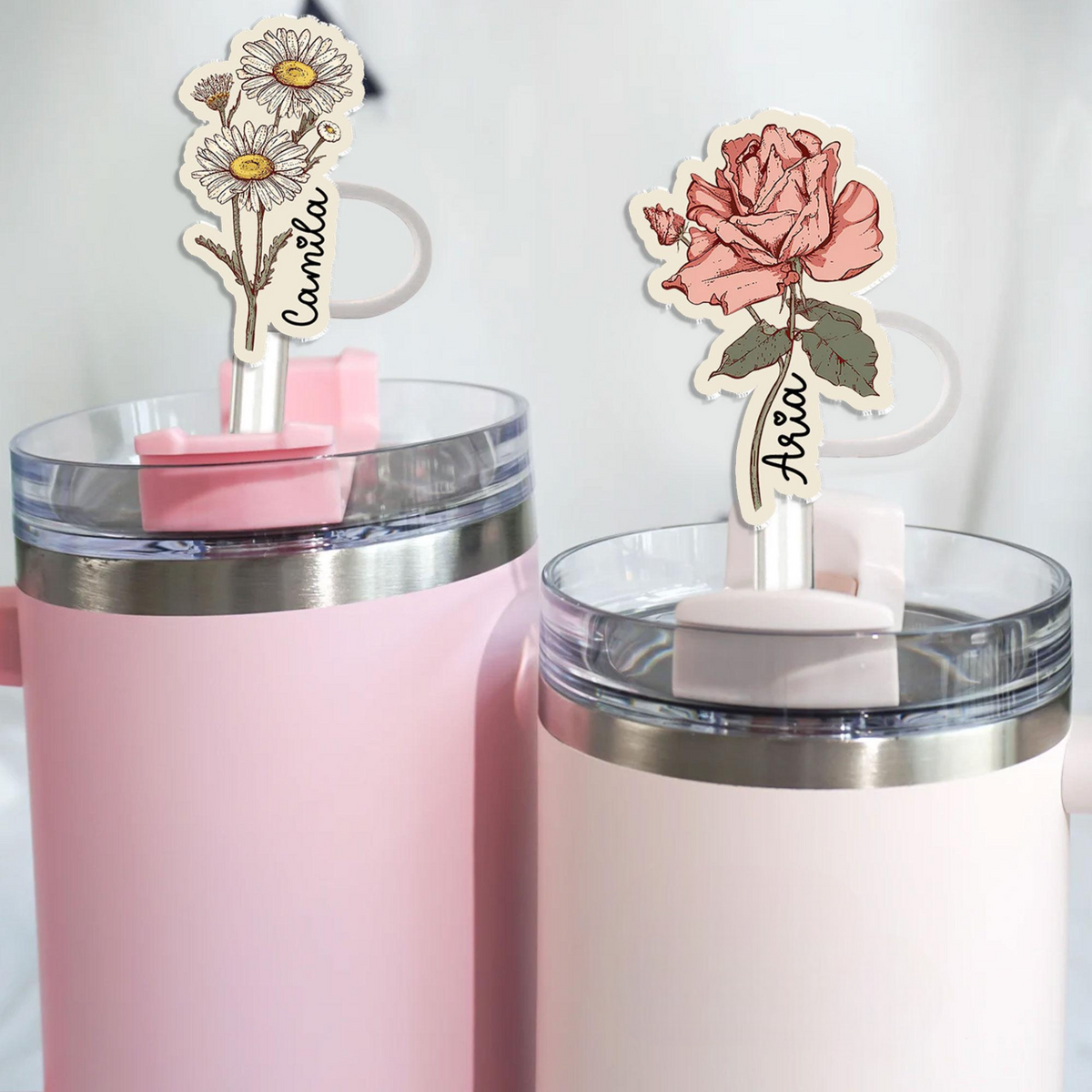 Personalized Birth Month Flower Straw Stopper, Custom Straw Cover With Name, Accessories Gift For Mom Grandma Sister Bestie