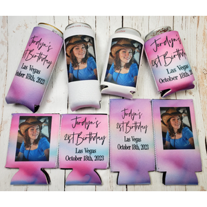 Custom Can Cooler with Photo & Text, Personalized Party Favor, 40th Birthday, Wedding, Graduation, Customizable Beer Sleeve