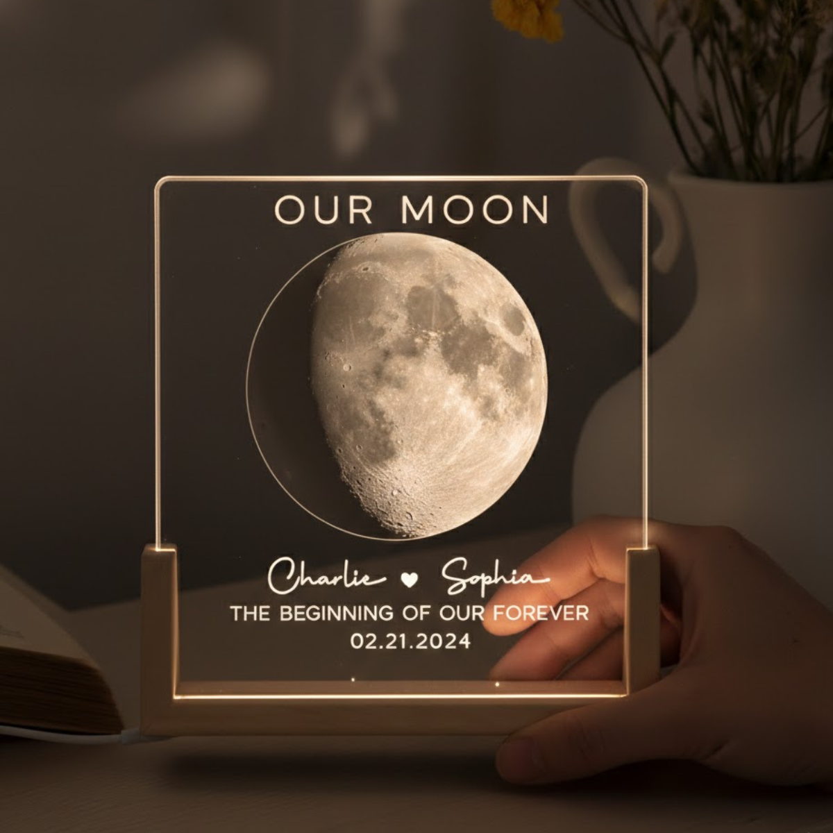 Our Moon Couple Moon Phase - Personalized Desk Name Plate Night Light - Anniversary Gift For Him Gift For Her