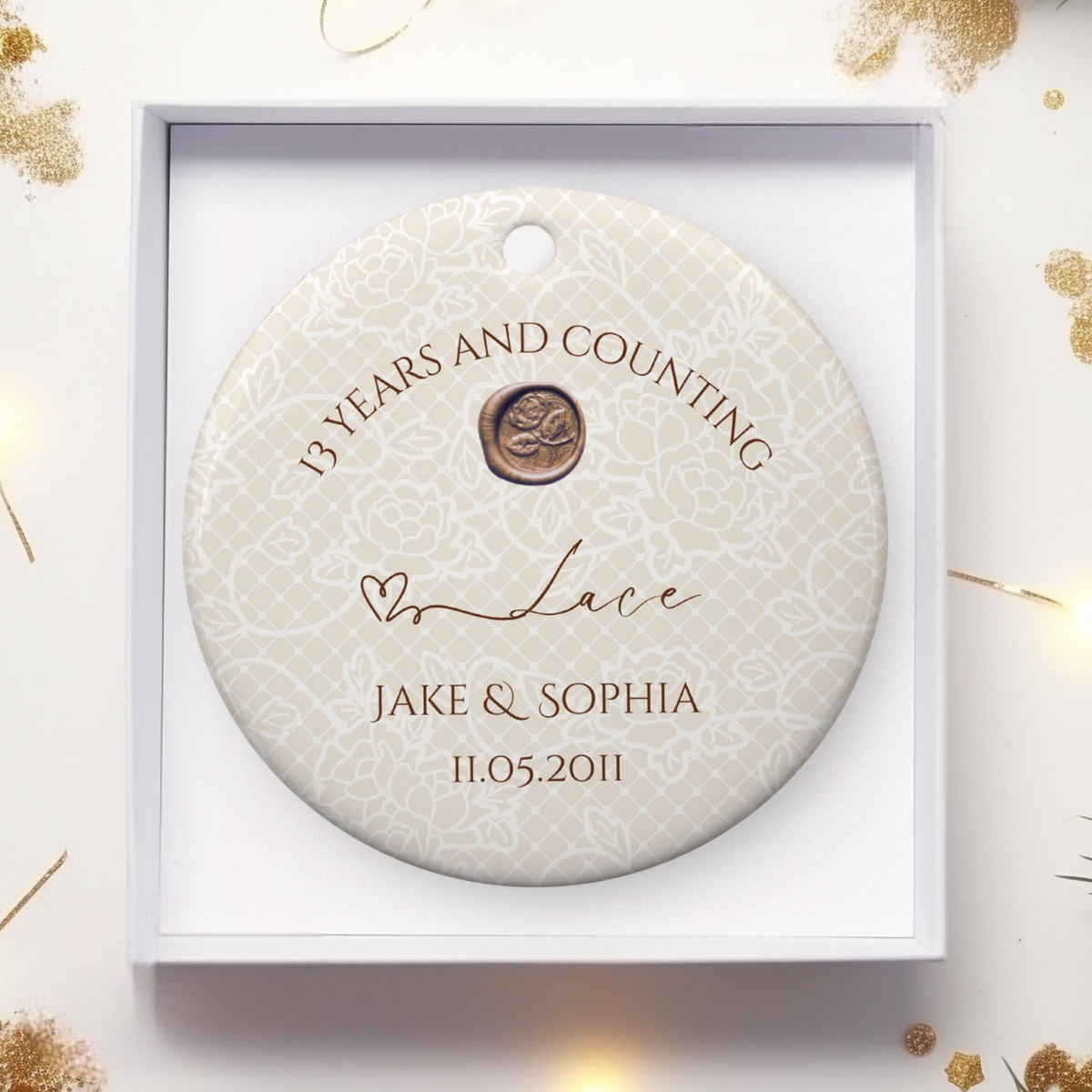Personalize 13th Anniversary Ornament, Lace Effect Wedding Anniversary Gift, 13th Year Anniversary Ceramic Ornament, 13 Years Married Gift For Husband Wife