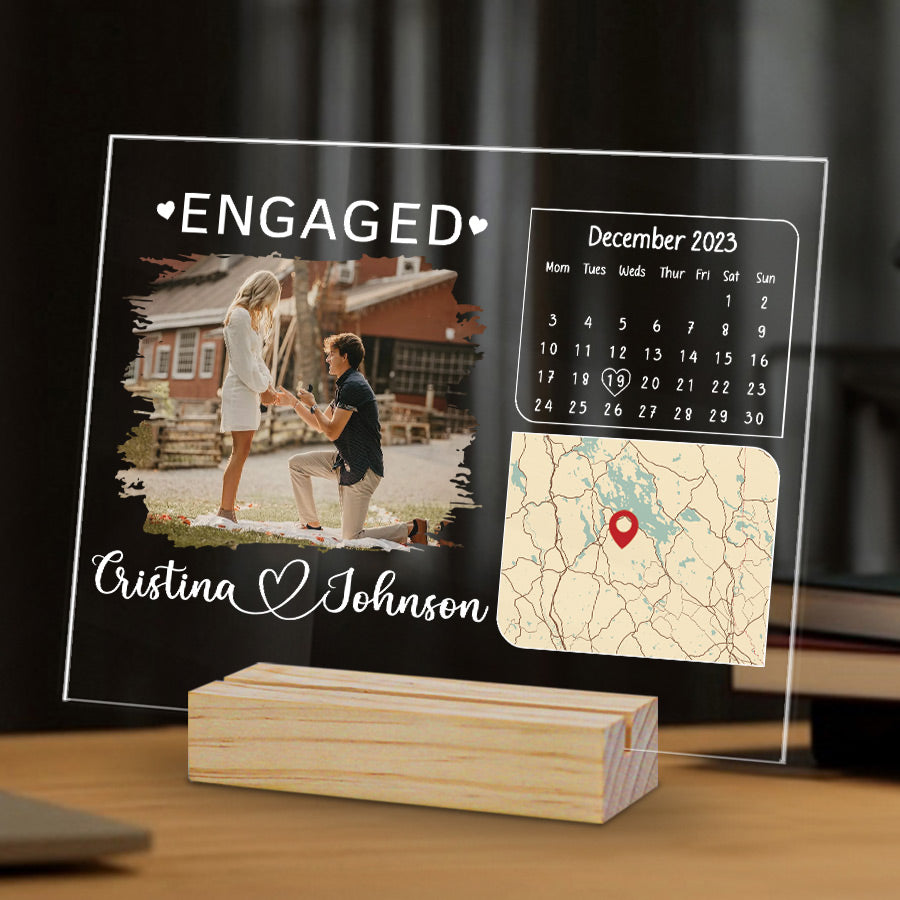 Engaged Date Custom Couple Photo - Personalized 3D LED Light Wooden Base - Gift For Couple