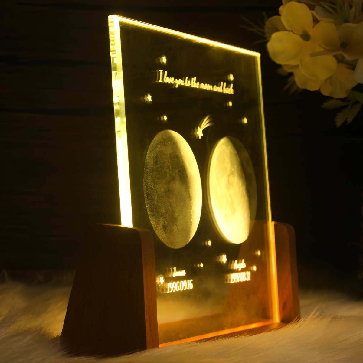 Personalized Moon Phase Desk Name Plate Night Light, Custom Moon Crystal Nightlight, The Night We Met Anniversary Gift