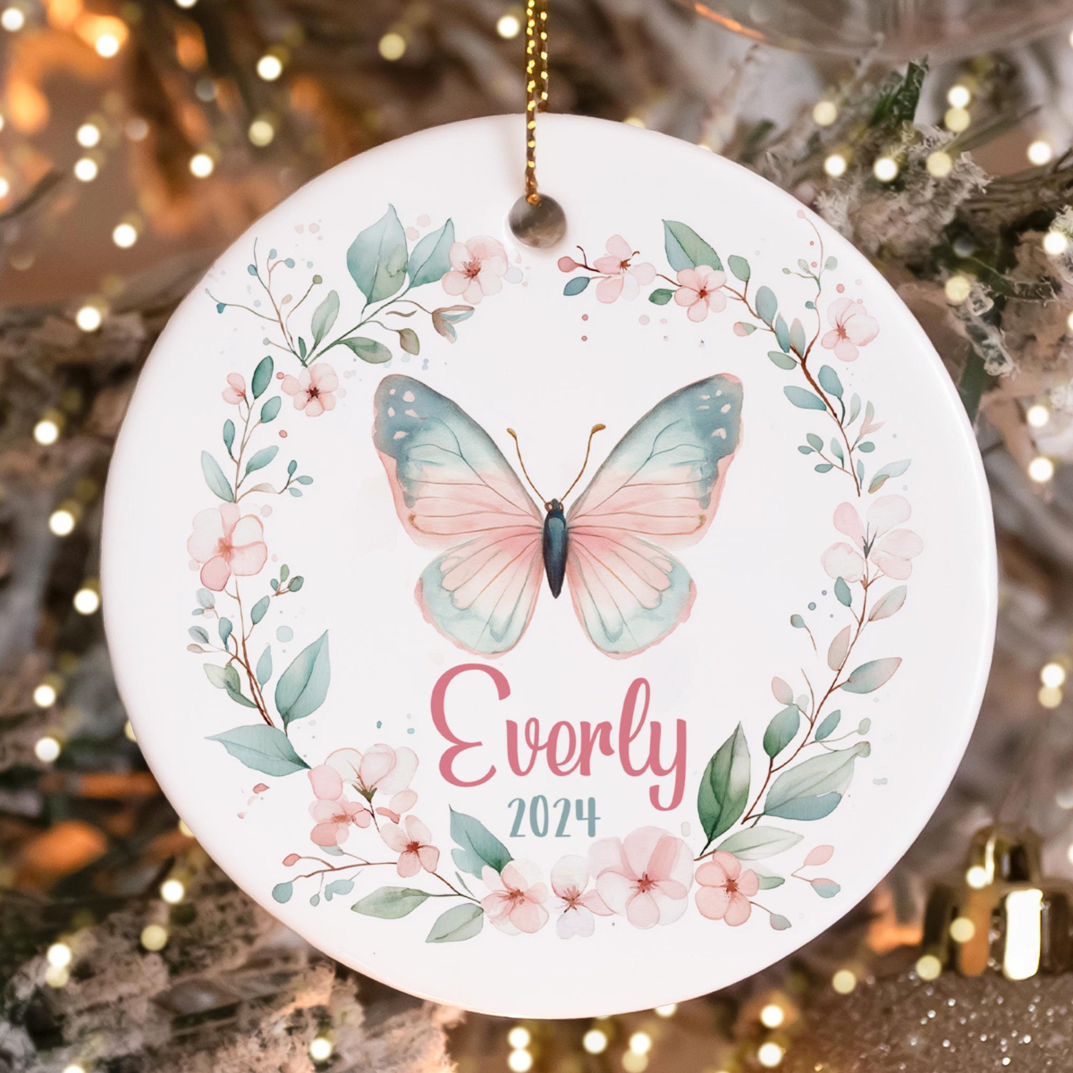 Custom Butterfly Ornament, Personalized Girls Christmas Pastel Pink Blue Ornaments, Gift Ornament with Any Name, Kids Christmas Ornament