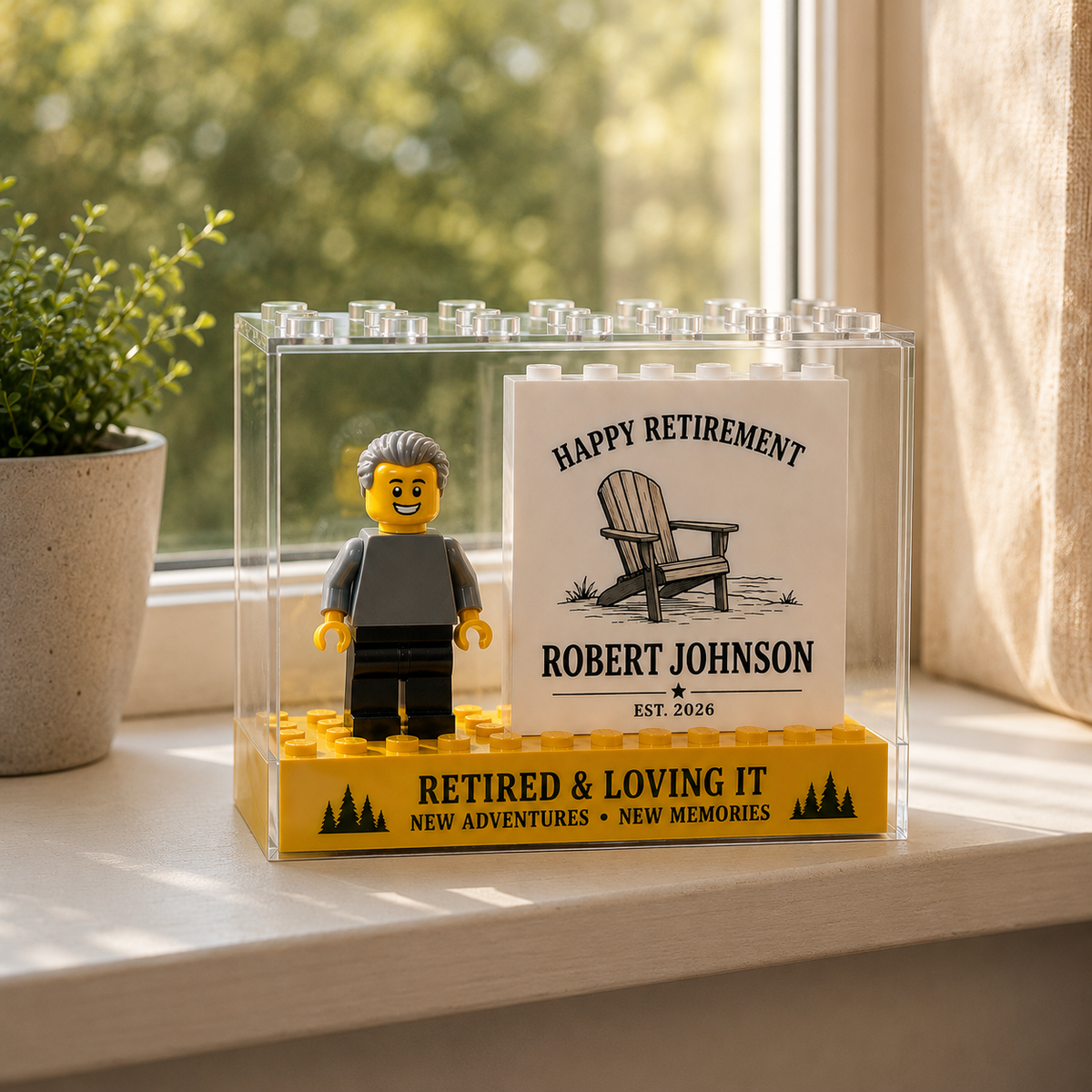 Happy Retirement Personalized Minifigure Display Custom Name Retirement Gift, New Adventures New Memories