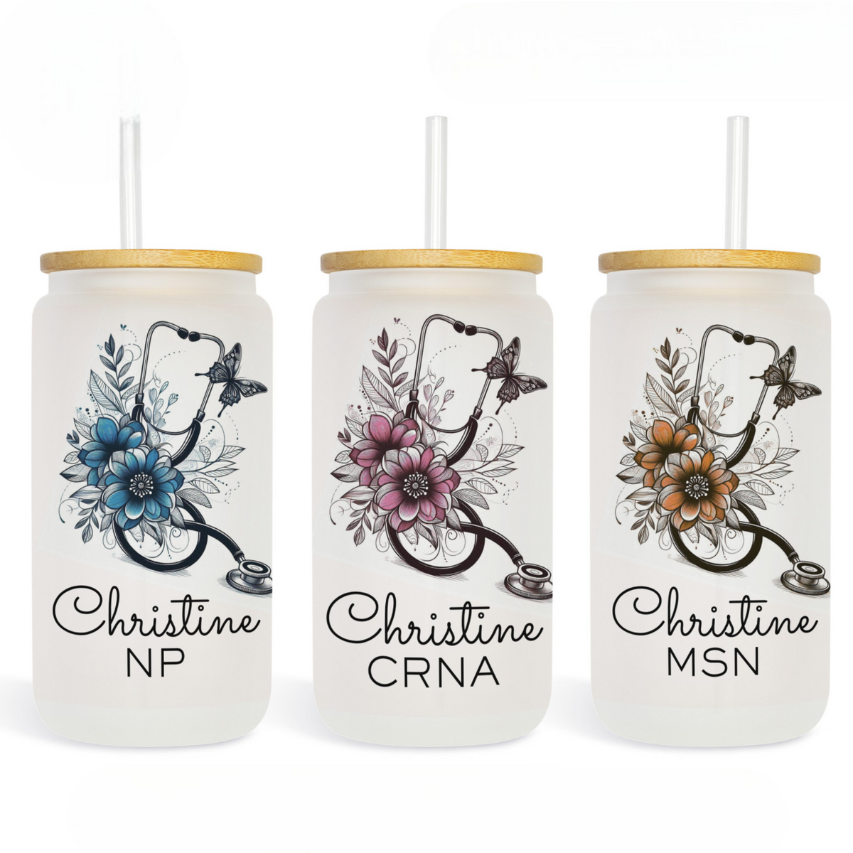 Personalized Nurse Practitioner Glass Cup, Floral Stethoscope NP Gift, Glass Tumbler NP Grad Gift, NP Gifts, Np Cup With Name