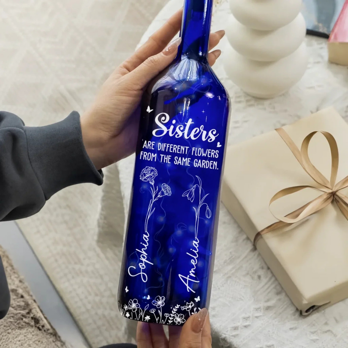 Sisters Are Different Flowers From The Same Garden - Personalized Blue Bottle Lamp - Gift For Best Friends, BFF, Sisters