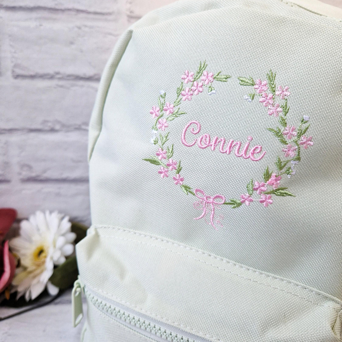 Flower Frame Backpack, Personalised Embroidered Girls Bag, Back to School, Nursery Bag, Floral Wreath