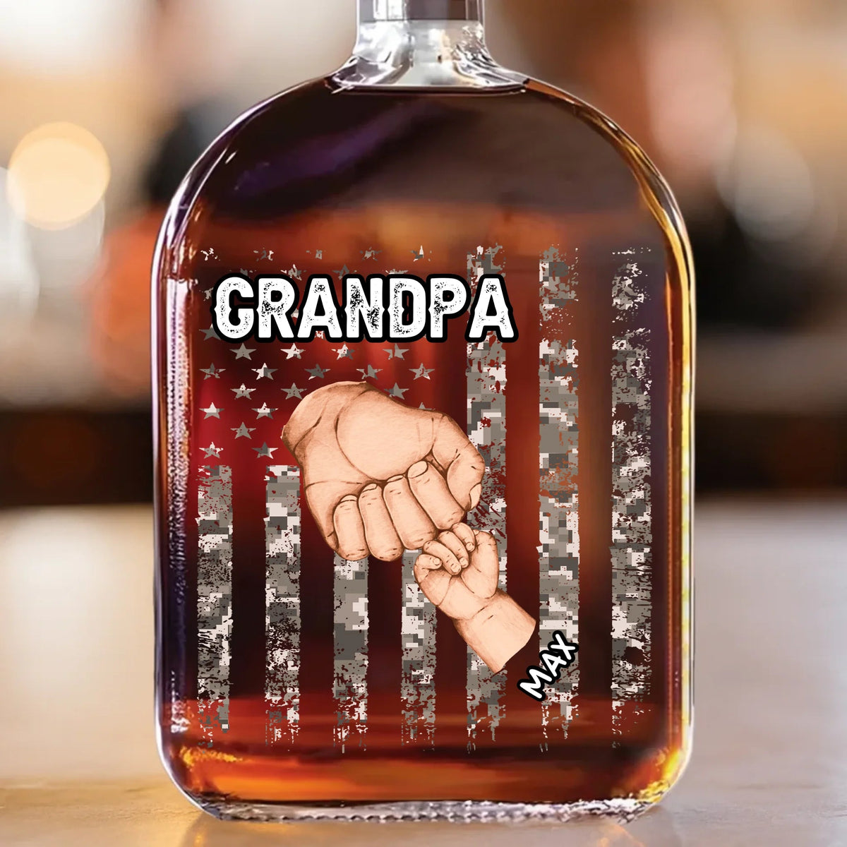 American Flag Papa & Kids Fist Bump - Personalized Whiskey Bottle - Father's Day, Gift For Dad, Grandpa