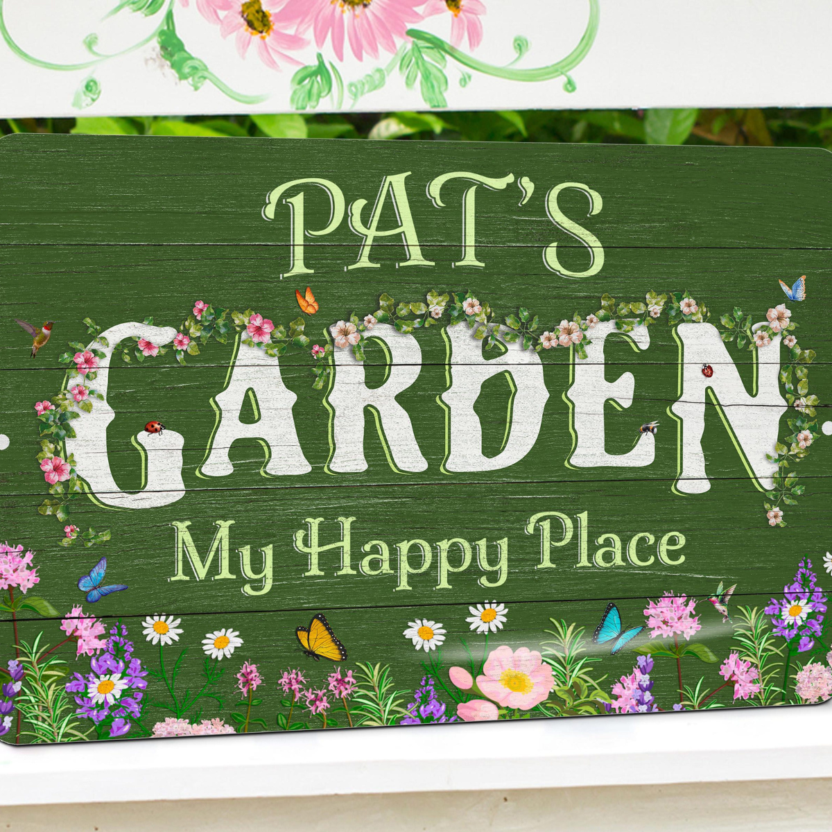 Personalized Flower Garden Sign, Weathered Wood Design, Metal Garden Decor