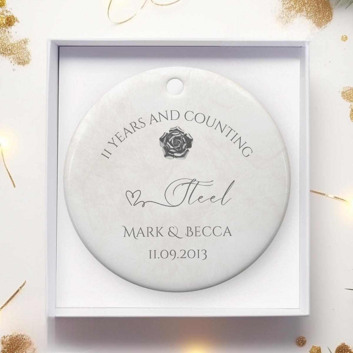 Personalize 11th Anniversary Ornament, Steel Wedding Anniversary Gift, 11th Year Anniversary Ceramic, 11 Years Married Keepsake Gift