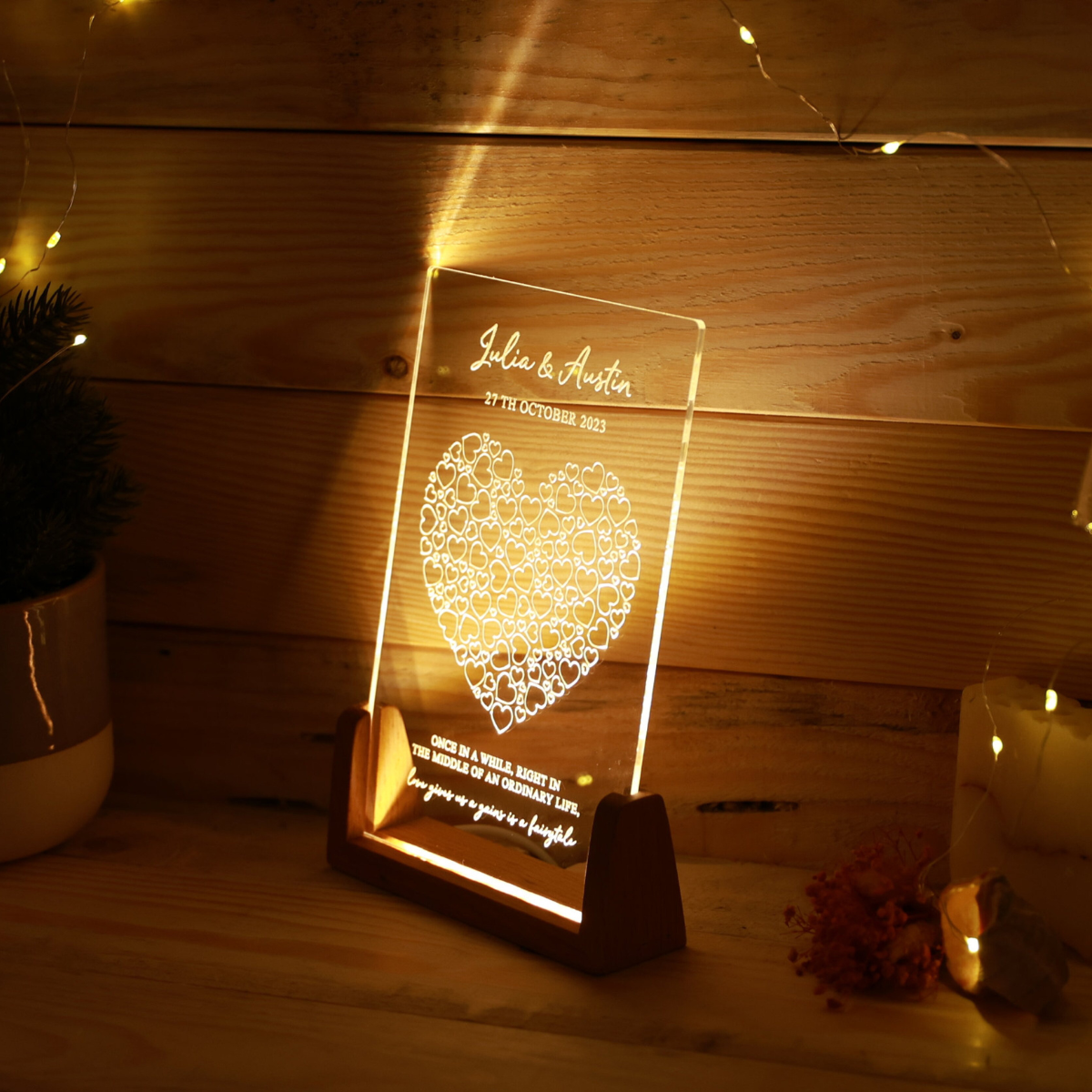 Custom Name & Quote Night Light - Personalized Desk Name Plate - Heart Light with Names and Quote - Unique Gift for Couples