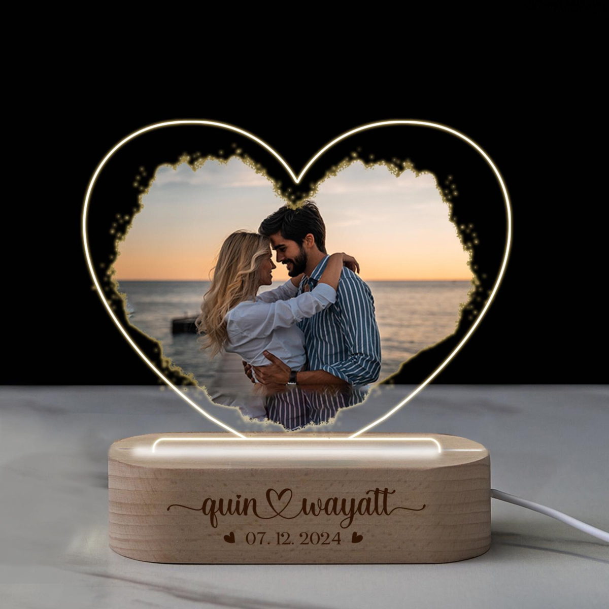 Custom Photo Heart Acrylic Night Light, Personalized 3D LED Light Wooden Base, Anniversary Gift, Valentines Day Gift for Him or Her, Couple Gifts