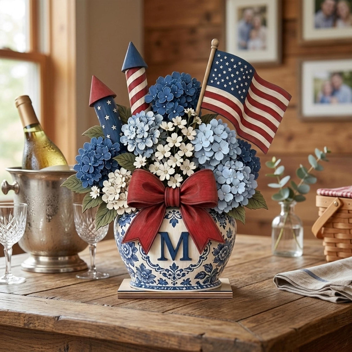 Personalized Patriotic Blue Hydrangea Vase Decor, Custom Monogram Chinoiserie Floral Arrangement, 4th of July Independence Day Gift