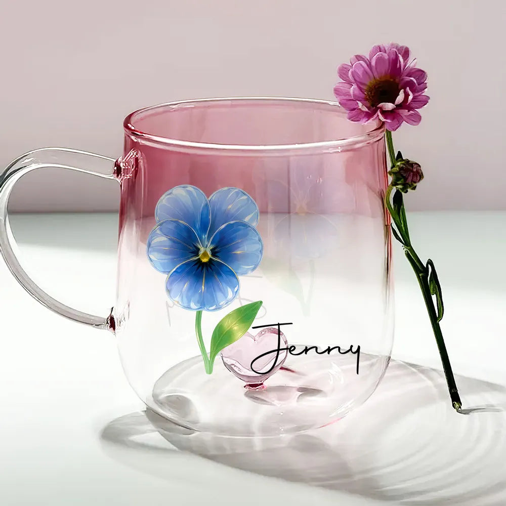 Birth Month Crystal Flower - Personalized Gradient Glass Mug - Gift For Sister, Bestie, Family