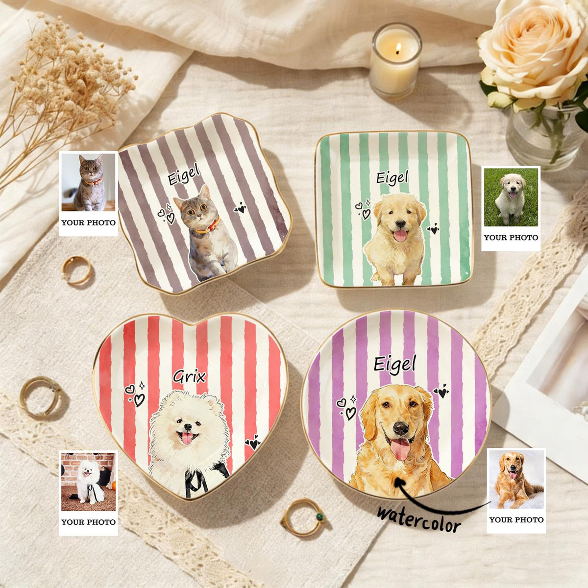 Custom Pet Jewelry Dish, Custom Dog Cat Memorial Portrait Ring Dish, Gift for Pet Owner