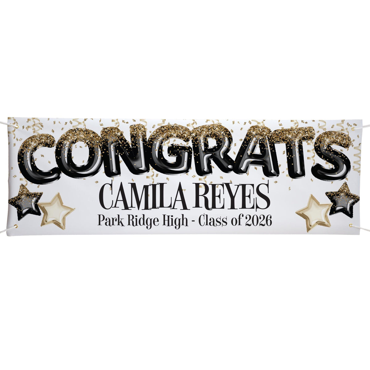 Personalized Graduation Banner, Congrats Graduate Custom Name & School Yard Party Decoration with Black & Gold Balloon Style Design