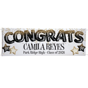 Personalized Graduation Banner, Congrats Graduate Custom Name & School Yard Party Decoration with Black & Gold Balloon Style Design