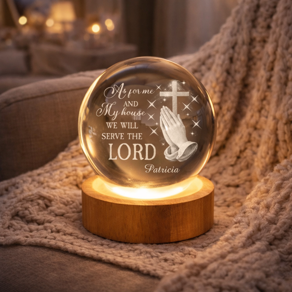 We Will Serve The Lord - Personalized Crystal Ball Night Light - Christian Gift For Family
