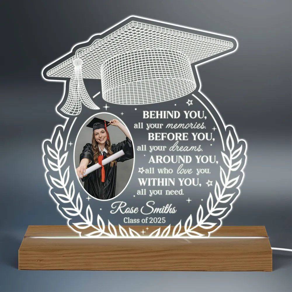 Behind You All Your Memories Upload Graduation Photo - Personalized 3D LED Light Wooden Base - Graduation Gift