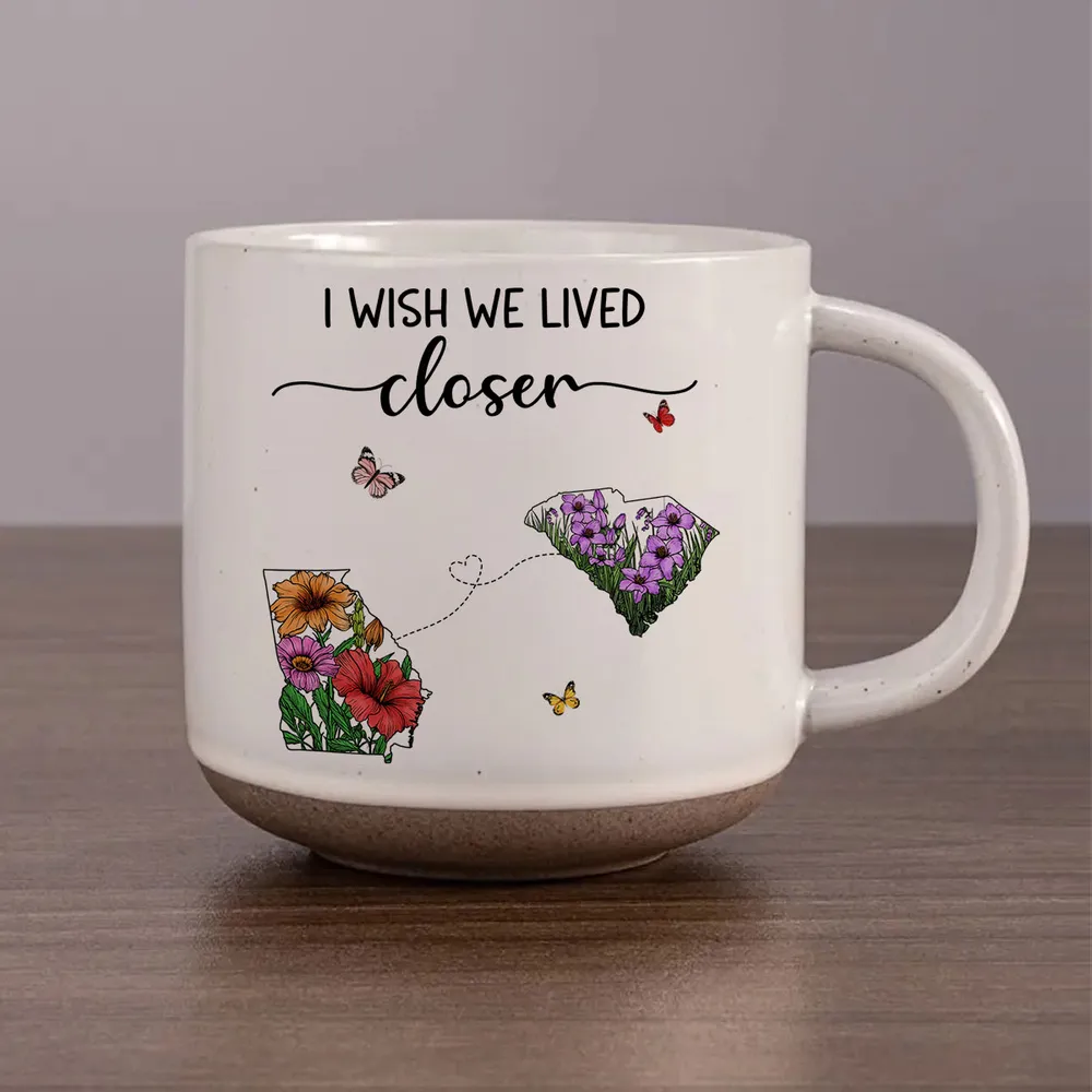 Wish We Lived Closer Wildflower State Map - Personalized Pottery Mug - Gift For Family, Bestie, Long Distance Relationship