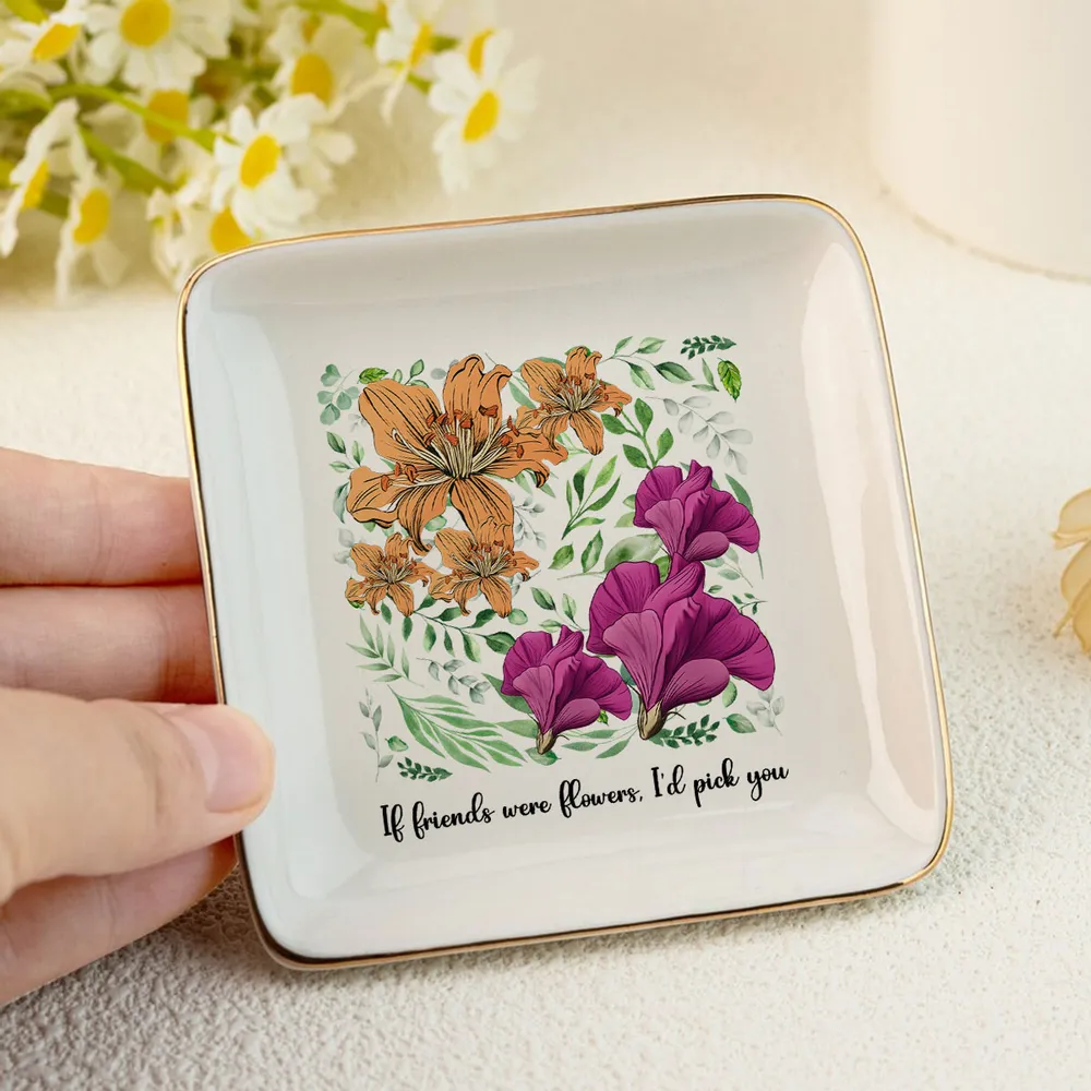 Sisters Besties In Bloom Birth Month Flowers - Personalized Jewelry Plate - Gift For Friends, Besties
