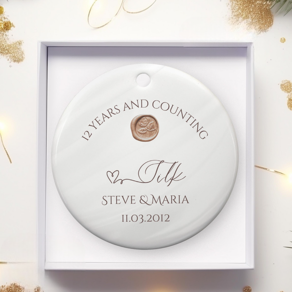 Personalize 12th Anniversary Ornament, Silk Wedding Anniversary Gift, Twelfth Year Anniversary Ceramic Ornament, 12 Years Married Keepsake Gift