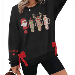 Retro Obsessive Cup Disorder Christmas Side Bow Applique Sweatshirt, Embroidered Bow Sweatshirt, Merry Christmas Embroidery, Custom Name