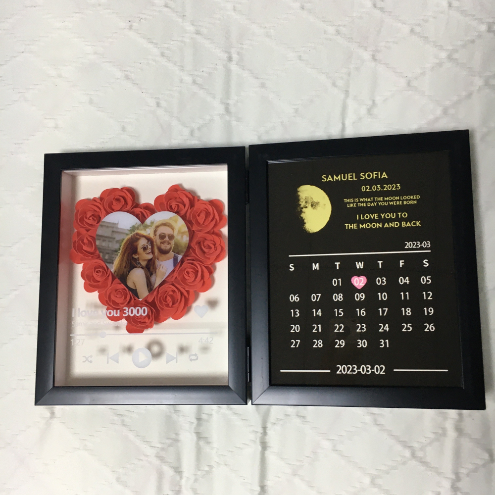 Custom Flowers Frame with Moon Phase Calendar - Personalized Flower Hinged Double Frame - Gift For Family, Couple, Mother, Friends