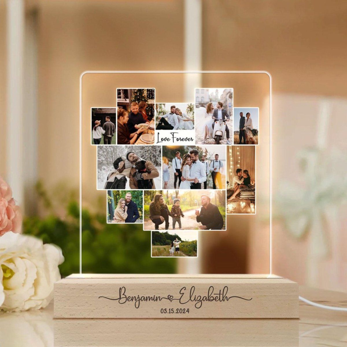 Couple Photo Collage, Personalized LED Light Wooden Base, Valentine Day Gifts For Him Her, Gift for Couples, Anniversary Gift