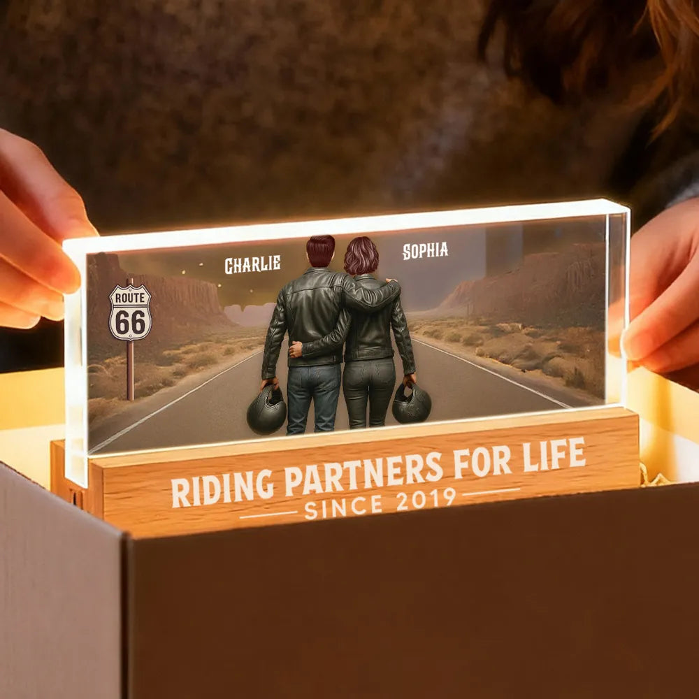 Back View Biker Couple Riding Partners For Life - Personalized 3D LED Night Light - Heartfelt Valentine's Day Gift, Anniversary Gift For Biker Couple