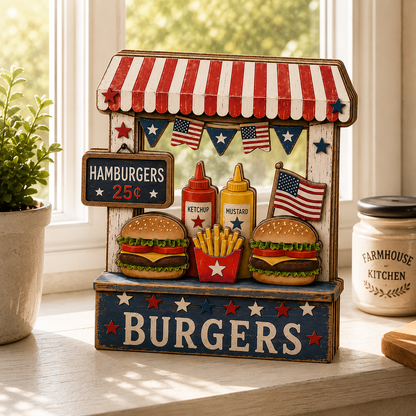 3D Wooden Hamburger Stand Sign, Gift for BBQ Lovers, Fourth of July Decor, Custom Name Kitchen Block, Patriotic Diner Tabletop Art