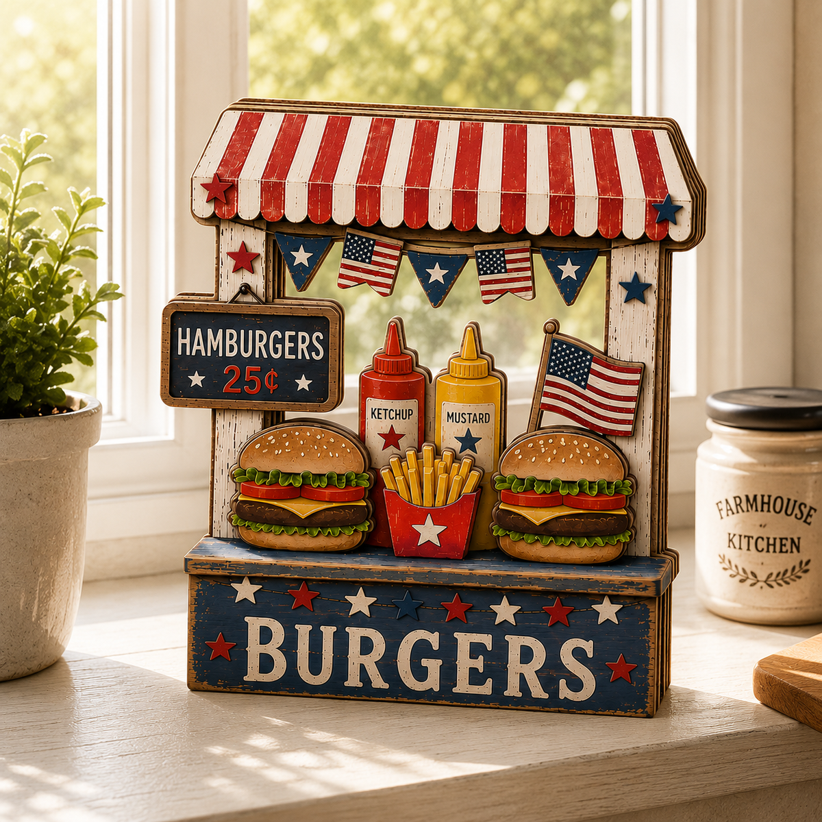 3D Wooden Hamburger Stand Sign, Gift for BBQ Lovers, Fourth of July Decor, Custom Name Kitchen Block, Patriotic Diner Tabletop Art