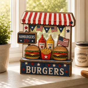3D Wooden Hamburger Stand Sign, Gift for BBQ Lovers, Fourth of July Decor, Custom Name Kitchen Block, Patriotic Diner Tabletop Art