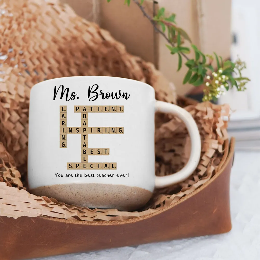 Best Teacher Ever Crossword Art - Personalized Pottery Mug - Gift For Teacher