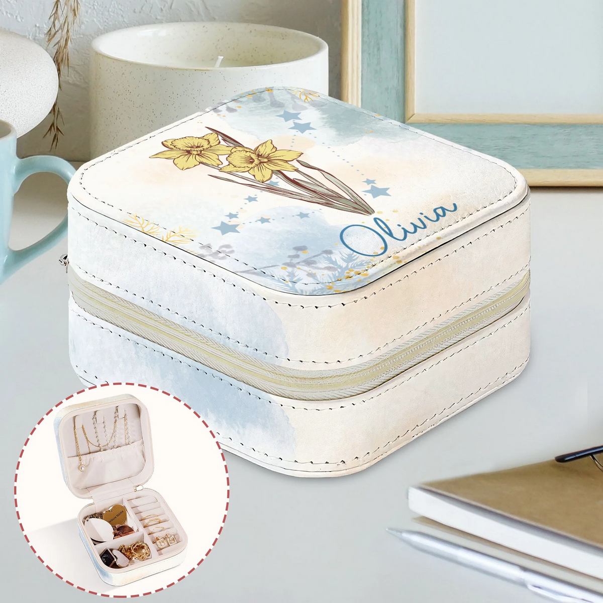 Birth Month Flower With Zodiac Sign - Personalized Square Jewelry Box - Gift For Mom, Mother's Day, Birthday Gift
