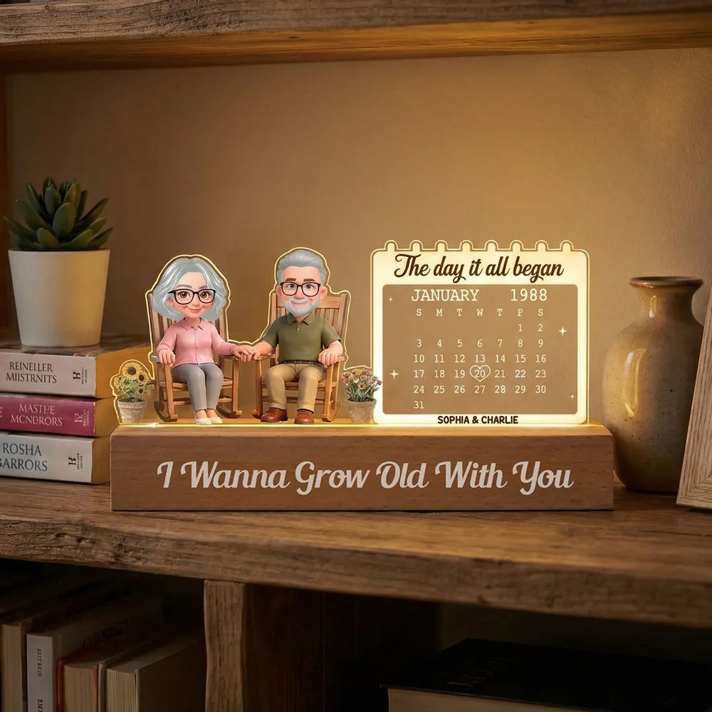 Old Couple Sitting On Rocking Chair Anniversary Date - Personalized 3D LED Light Wooden Base - Gift For Couple