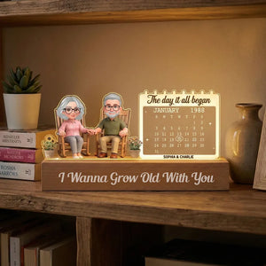 Old Couple Sitting On Rocking Chair Anniversary Date - Personalized 3D LED Light Wooden Base - Gift For Couple