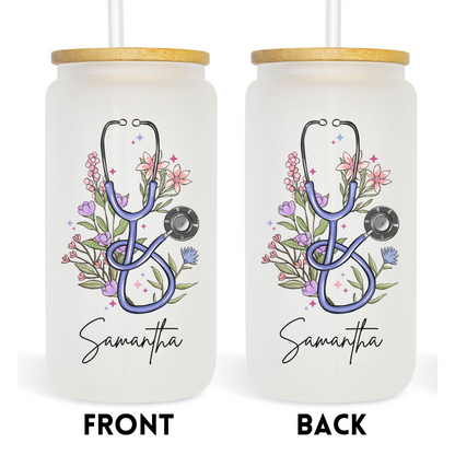 Nurse Floral Stethoscope Glass Tumbler, Personalized Nurse Gift, Nursing School Graduation Gift, Floral Doctor Cup, Registered Nurse Tumbler