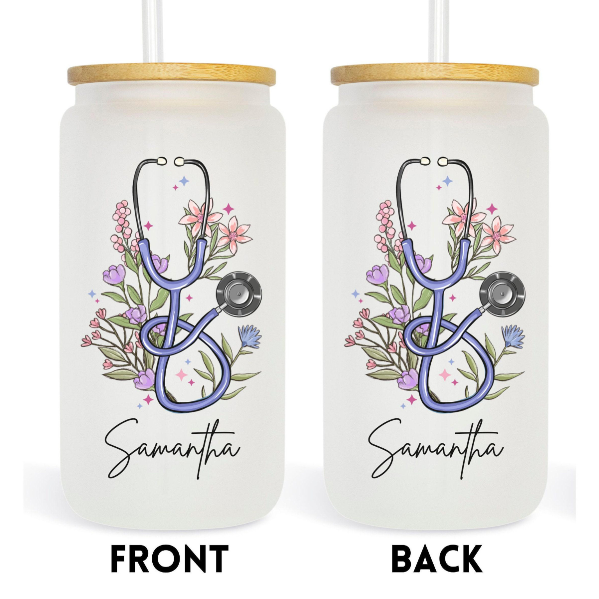 Nurse Floral Stethoscope Glass Tumbler, Personalized Nurse Gift, Nursing School Graduation Gift, Floral Doctor Cup, Registered Nurse Tumbler