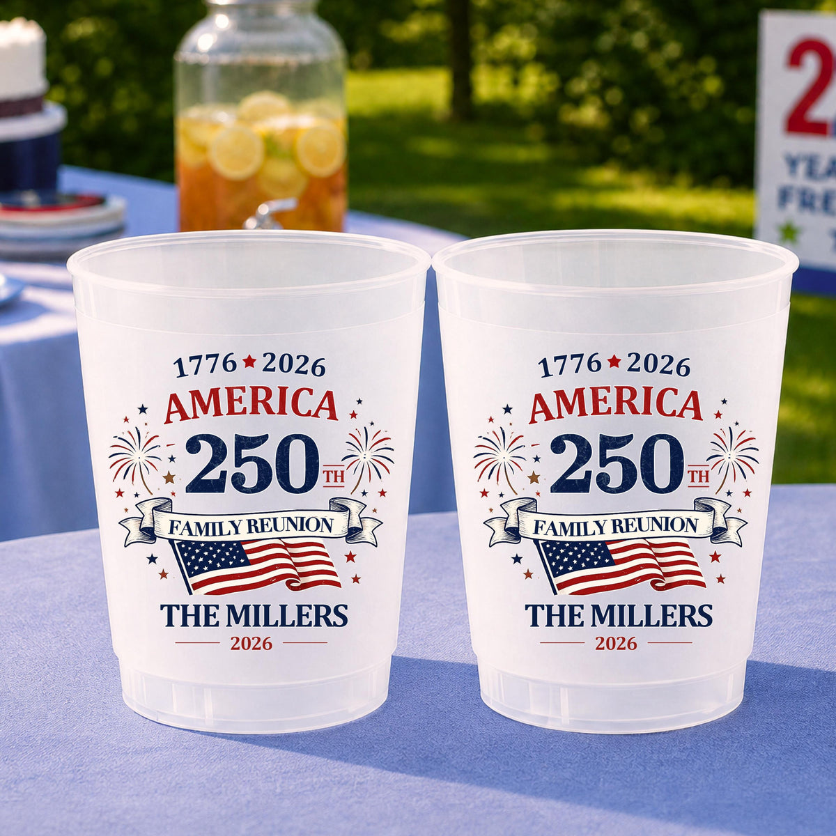 Custom Frosted Cups for Independence Day, 4th of July Party Cups, America 250 Patriotic Family Reunion BBQ Picnic Favors