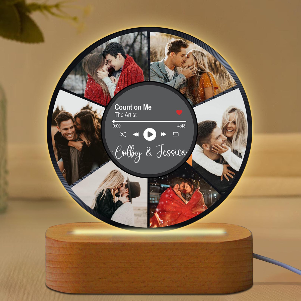 Personalized Couple Photos Record Night Light, Photo Collage LED Lamp for Boyfriend Girlfriend, Anniversary Gifts, Wedding Gift, Music Cover