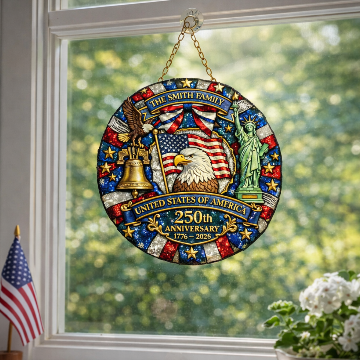 Personalized Patriotic Stained Glass Suncatcher, 4th of July Anniversary, Custom Family Name Window Decor