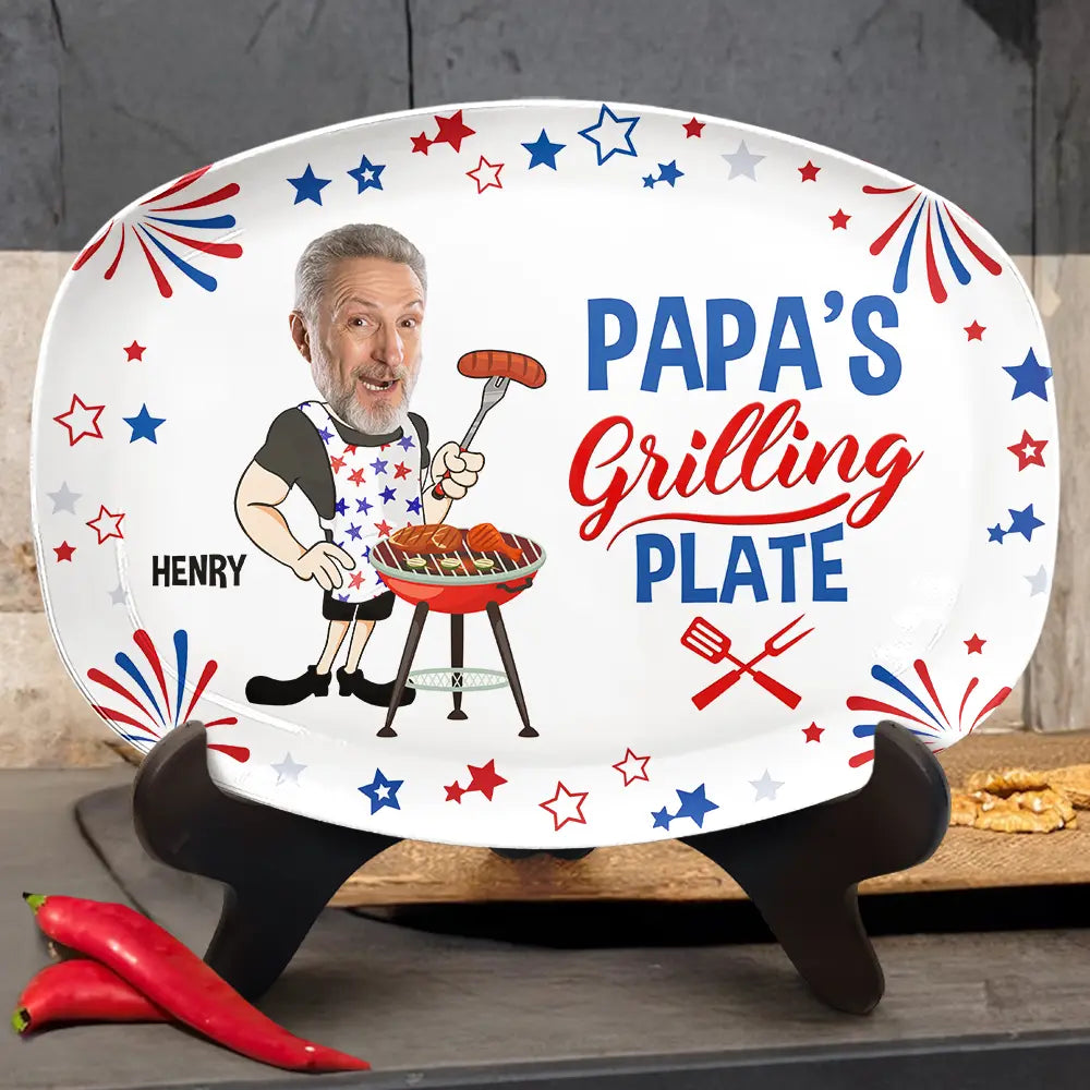 Custom Photo Papa's Grilling Plate Stars & Strips - Personalized Platter - 4th Of July Gift, Patriotic Gift For Family, Gift For Grilling Dad