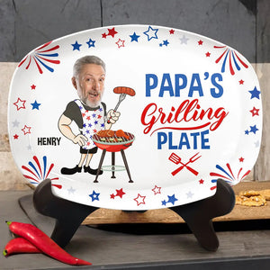 Custom Photo Papa's Grilling Plate Stars & Strips - Personalized Platter - 4th Of July Gift, Patriotic Gift For Family, Gift For Grilling Dad