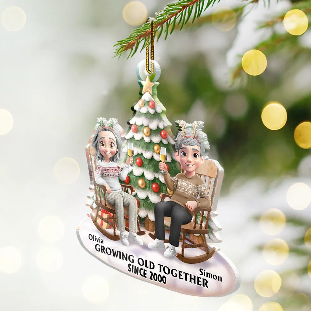 Growing Old Together 3D Effect Couple Sitting - Personalized Custom Shaped Acrylic Ornament - Christmas Gift For Couple