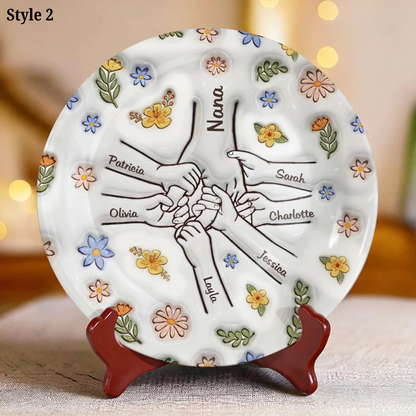 Mother And Kids Hold Hands Together - Personalized 3D Inflated Effect Printed Ceramic Plate - Mother's Day, Gift For Mom, Grandma