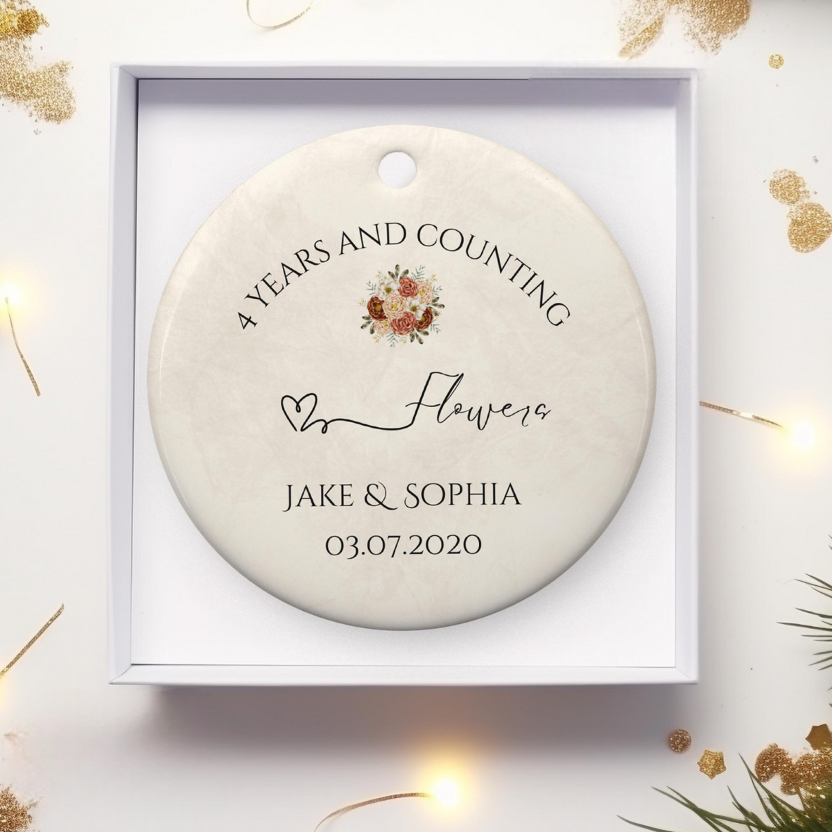 Personalized 4th Anniversary Ornament, Flower Wedding Anniversary Gift, Fourth Year Anniversary Ceramic Ornament, 4 Years Married Keepsake Gift